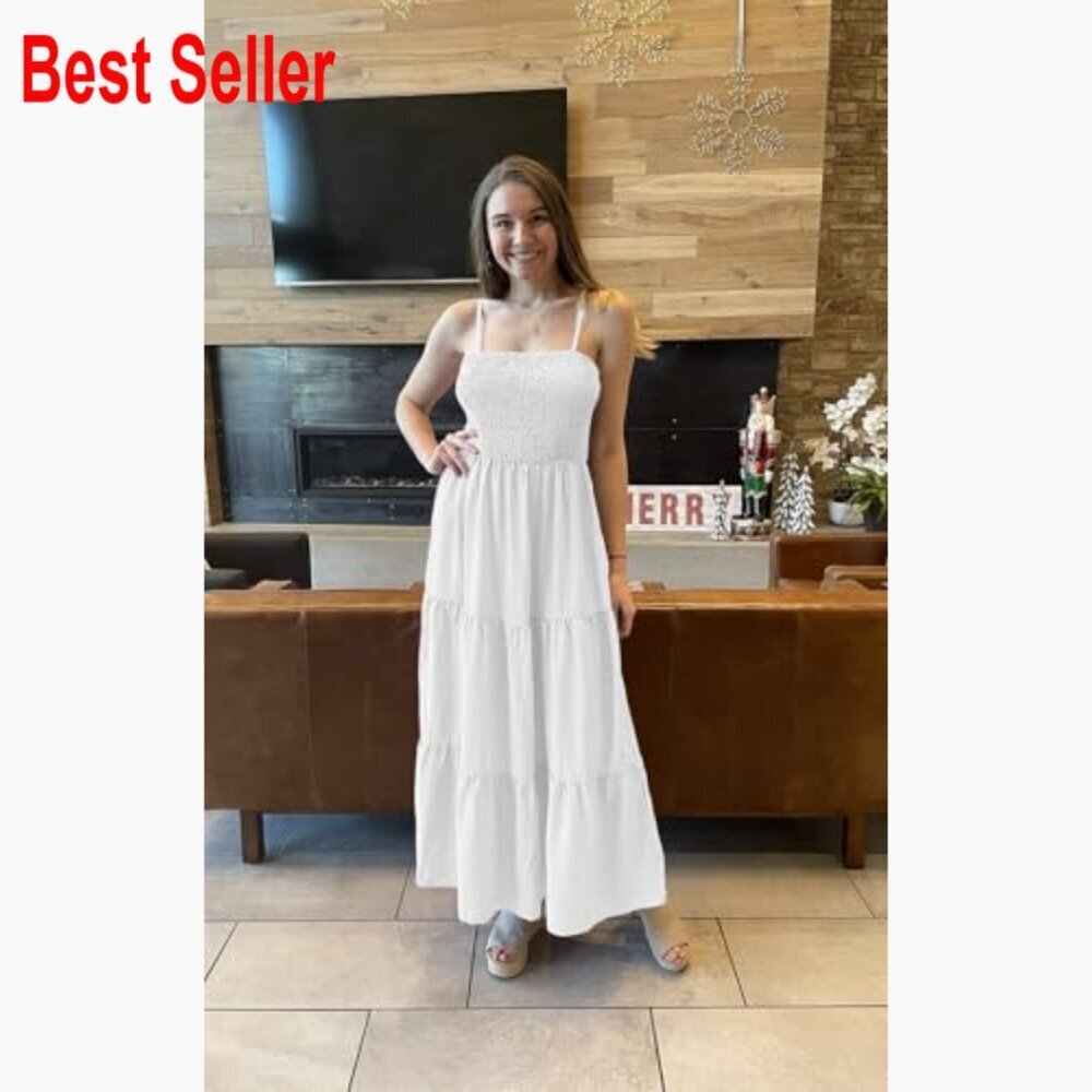 Polyester Maxi Dress with Spaghetti Straps Smocked Bodice Tiered - Picture 6 of 7